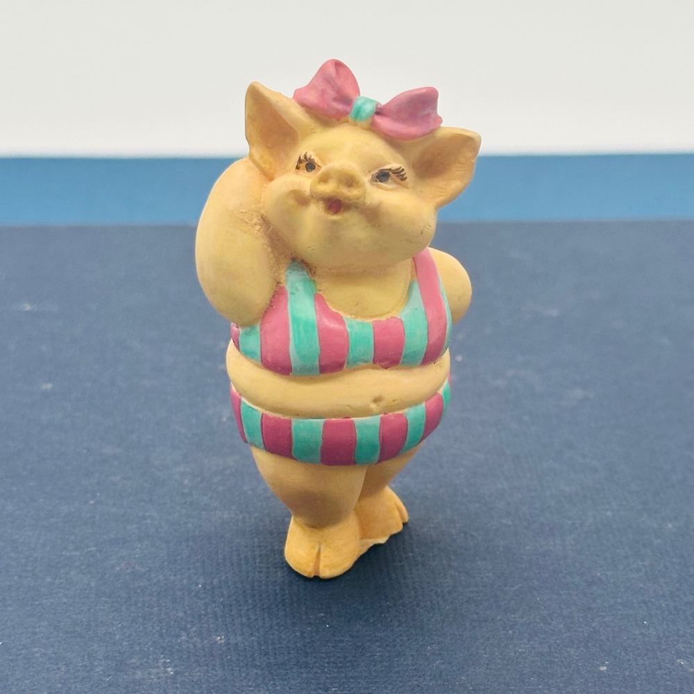 Russ Berrie Vintage Pig Figurine Beach Swimsuit Pink Teal Bow 14510